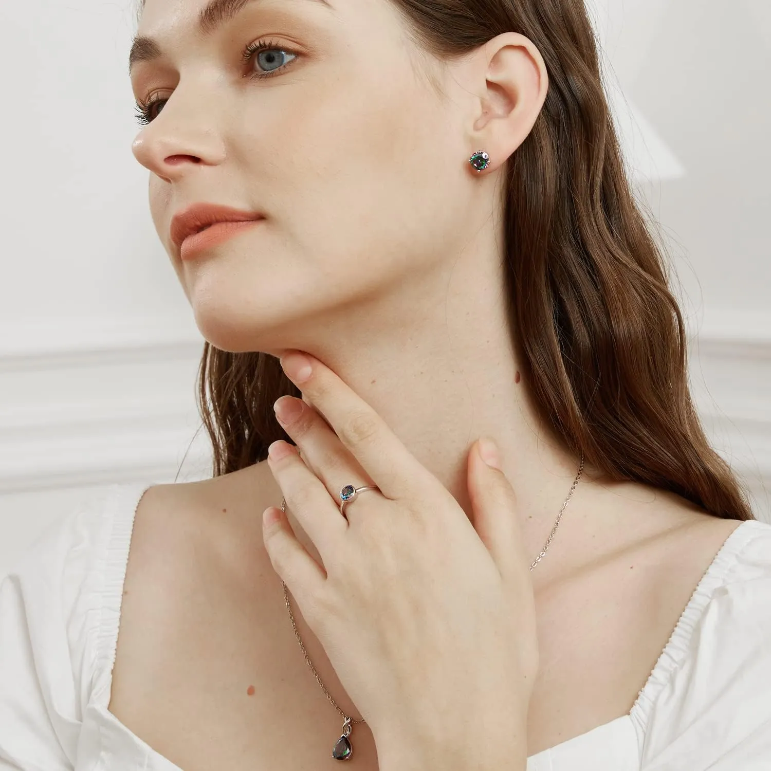 Created Rainbow Quartz Stud Earrings for Women Men 18K White Gold Plated Round/Square CZ Earrings Hypoallergenic Jewelry Gift