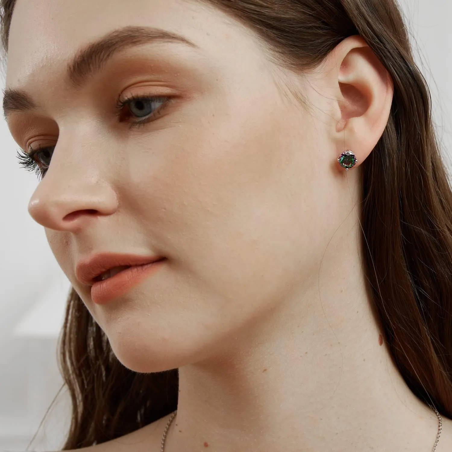 Created Rainbow Quartz Stud Earrings for Women Men 18K White Gold Plated Round/Square CZ Earrings Hypoallergenic Jewelry Gift