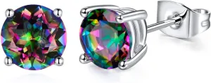 Created Rainbow Quartz Stud Earrings for Women Men 18K White Gold Plated Round/Square CZ Earrings Hypoallergenic Jewelry Gift