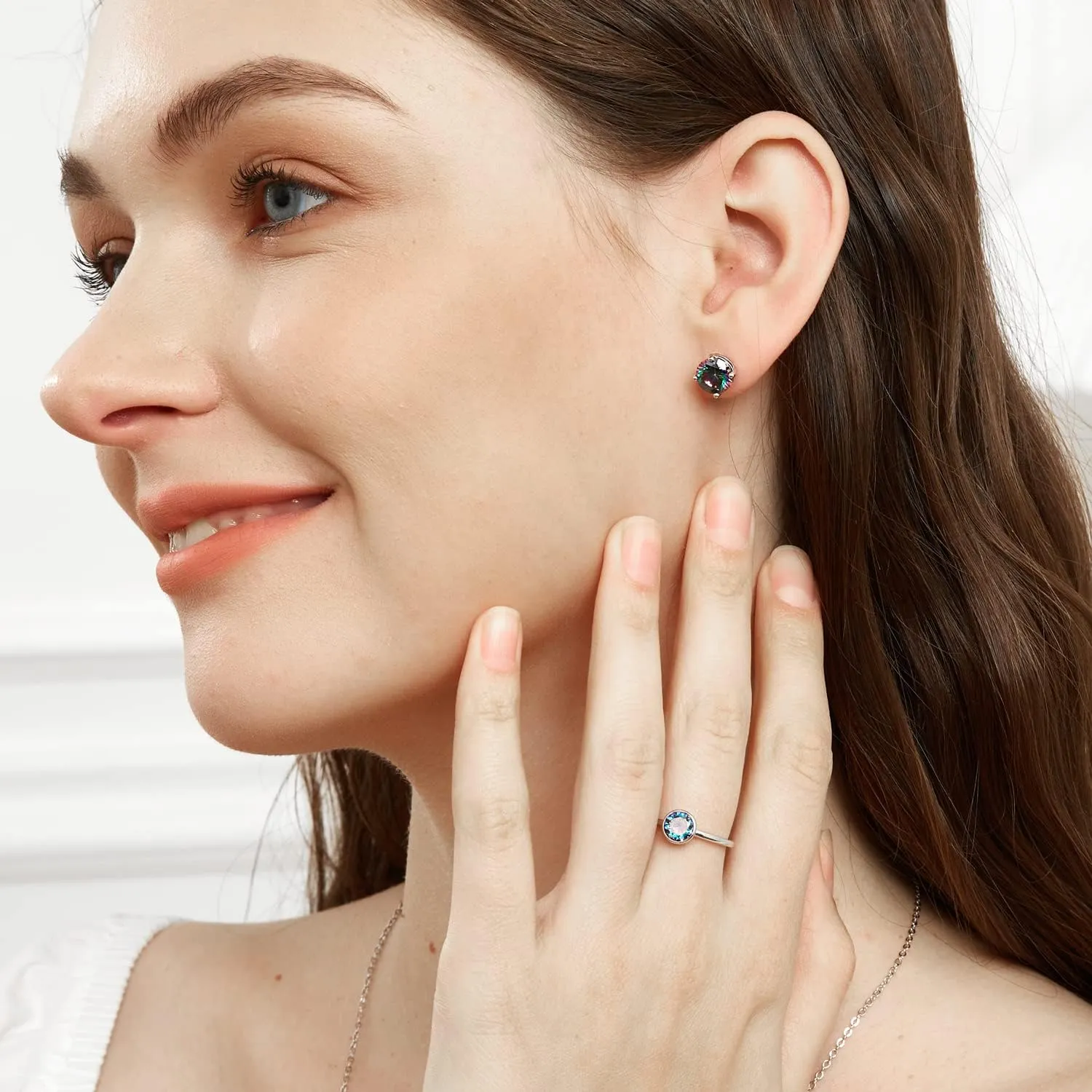 Created Rainbow Quartz Stud Earrings for Women Men 18K White Gold Plated Round/Square CZ Earrings Hypoallergenic Jewelry Gift