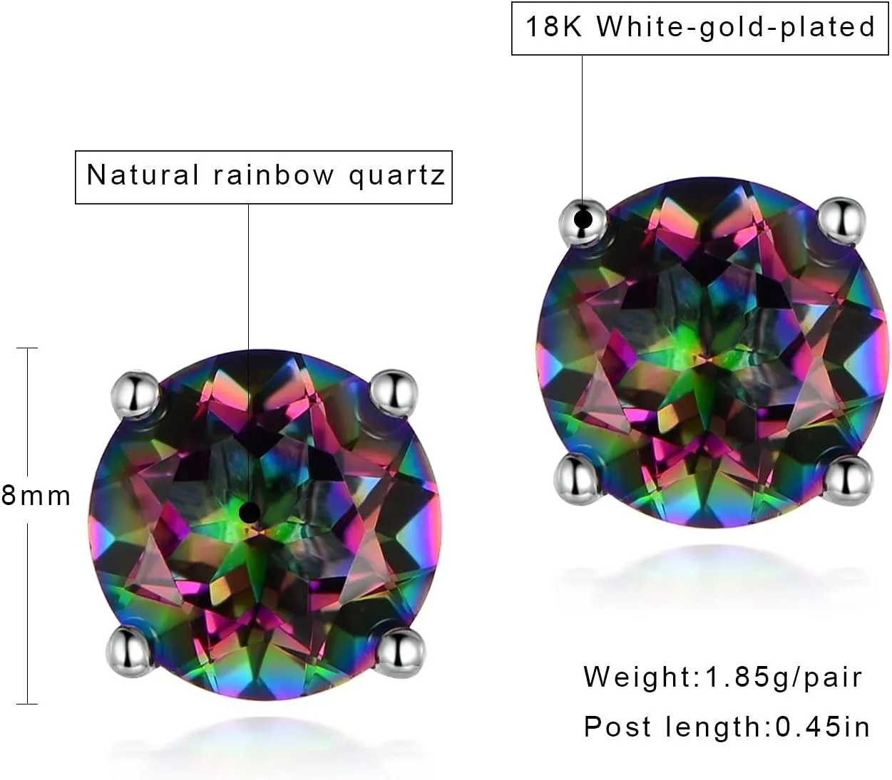 Created Rainbow Quartz Stud Earrings for Women Men 18K White Gold Plated Round/Square CZ Earrings Hypoallergenic Jewelry Gift