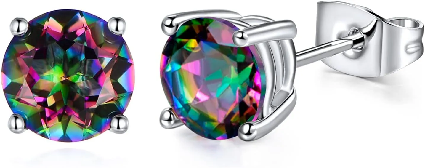 Created Rainbow Quartz Stud Earrings for Women Men 18K White Gold Plated Round/Square CZ Earrings Hypoallergenic Jewelry Gift