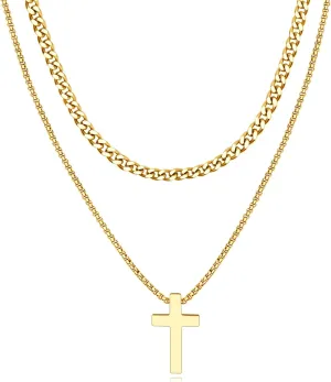 Cross Necklace for Men Boys Stainless Steel Layered Cuban Link Chain Box Chain Black Silver Gold Religious Fashion Jewelry Gifts 16-26 Inches
