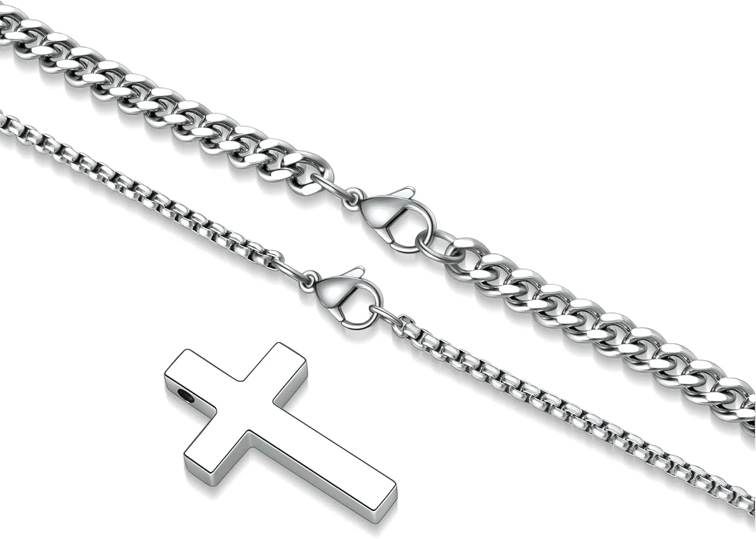 Cross Necklace for Men Boys Stainless Steel Layered Cuban Link Chain Box Chain Black Silver Gold Religious Fashion Jewelry Gifts 16-26 Inches
