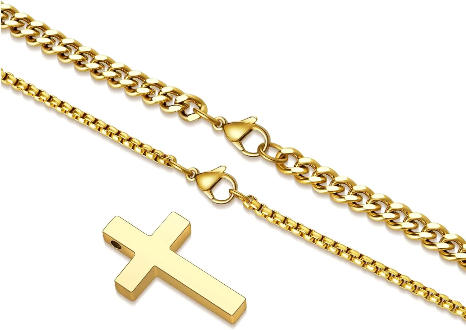Cross Necklace for Men Boys Stainless Steel Layered Cuban Link Chain Box Chain Black Silver Gold Religious Fashion Jewelry Gifts 16-26 Inches
