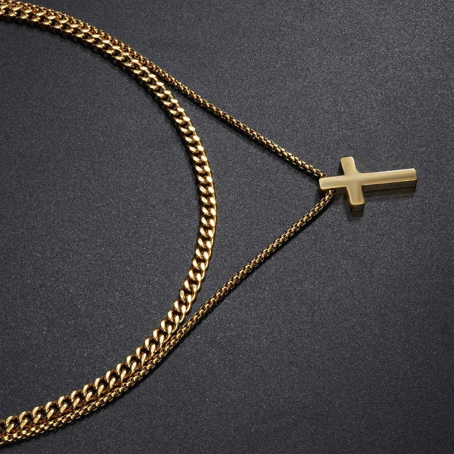 Cross Necklace for Men Boys Stainless Steel Layered Cuban Link Chain Box Chain Black Silver Gold Religious Fashion Jewelry Gifts 16-26 Inches
