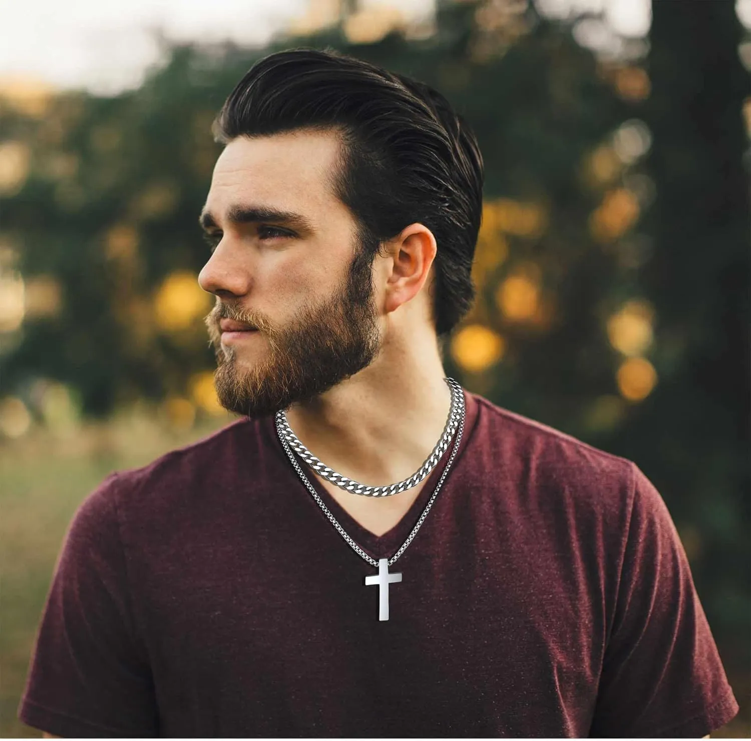 Cross Necklace for Men Boys Stainless Steel Layered Cuban Link Chain Box Chain Black Silver Gold Religious Fashion Jewelry Gifts 16-26 Inches