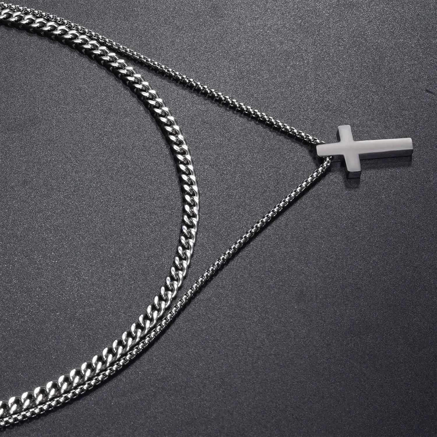 Cross Necklace for Men Boys Stainless Steel Layered Cuban Link Chain Box Chain Black Silver Gold Religious Fashion Jewelry Gifts 16-26 Inches