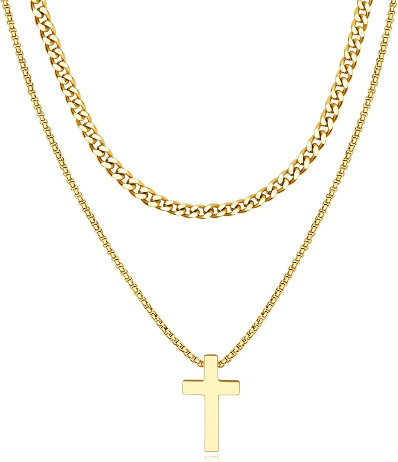 Cross Necklace for Men Boys Stainless Steel Layered Cuban Link Chain Box Chain Black Silver Gold Religious Fashion Jewelry Gifts 16-26 Inches