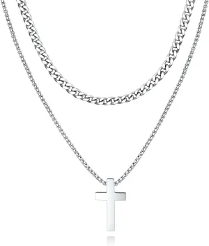 Cross Necklace for Men Boys Stainless Steel Layered Cuban Link Chain Box Chain Black Silver Gold Religious Fashion Jewelry Gifts 16-26 Inches