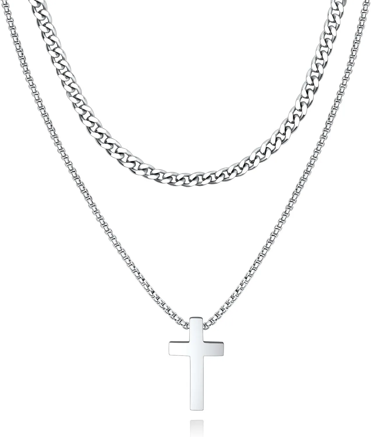 Cross Necklace for Men Boys Stainless Steel Layered Cuban Link Chain Box Chain Black Silver Gold Religious Fashion Jewelry Gifts 16-26 Inches