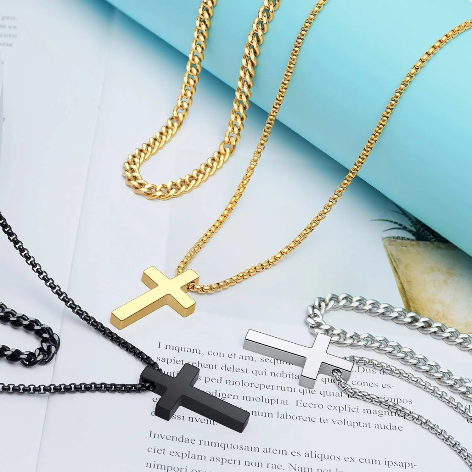 Cross Necklace for Men Boys Stainless Steel Layered Cuban Link Chain Box Chain Black Silver Gold Religious Fashion Jewelry Gifts 16-26 Inches