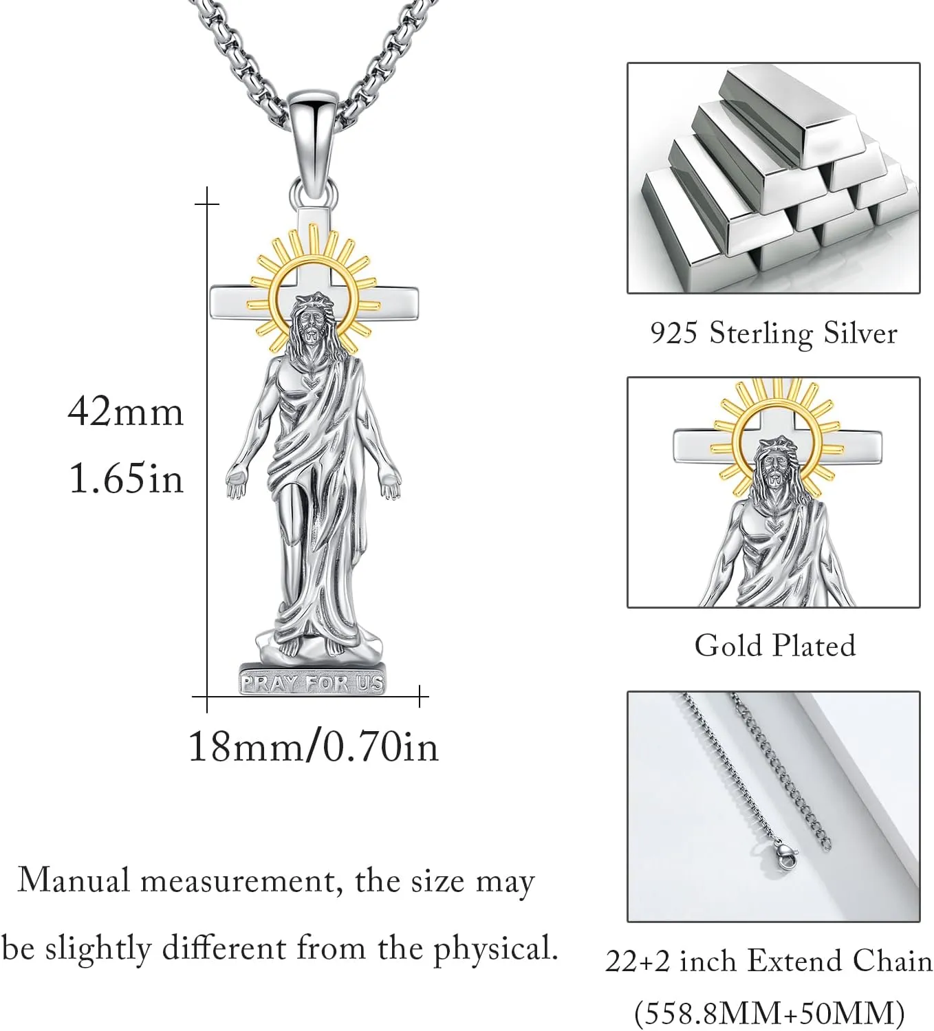 Crucifix Necklace for Men 925 Sterling Silver Jesus Cross Necklace Crucifix Cross Pendant Protection Jewelry for Men Women