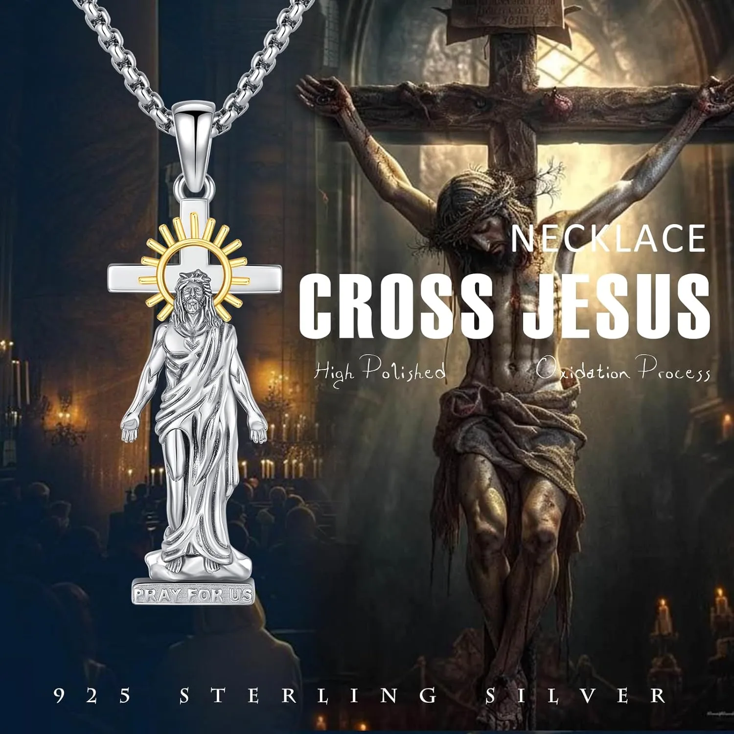 Crucifix Necklace for Men 925 Sterling Silver Jesus Cross Necklace Crucifix Cross Pendant Protection Jewelry for Men Women
