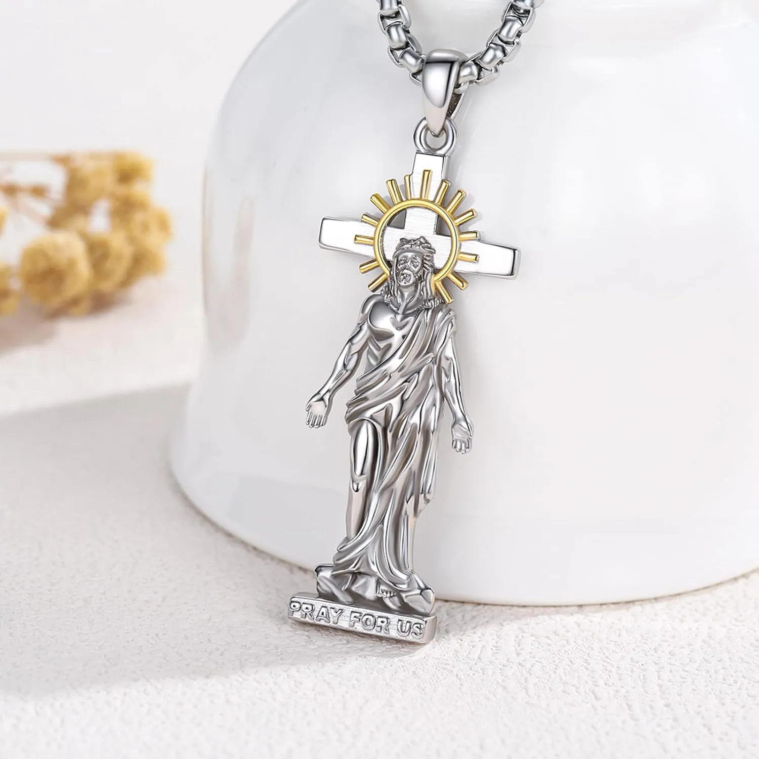 Crucifix Necklace for Men 925 Sterling Silver Jesus Cross Necklace Crucifix Cross Pendant Protection Jewelry for Men Women