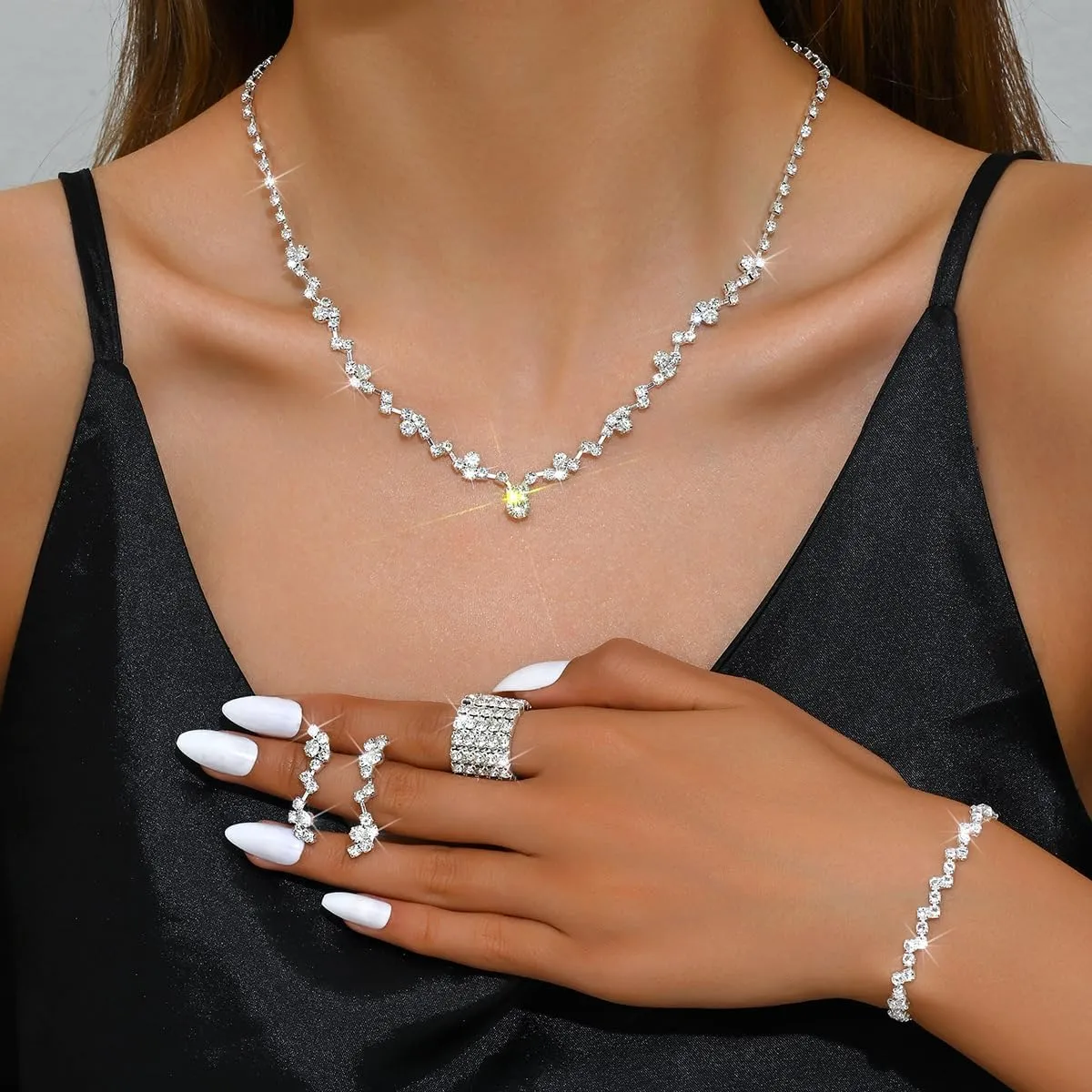 CSIYANJRY99 Prom Jewelry Sets Gold Silver Crystal Earrings Necklace Bracelet Ring Set Rhinestone Bride Wedding Party Prom Jewelry