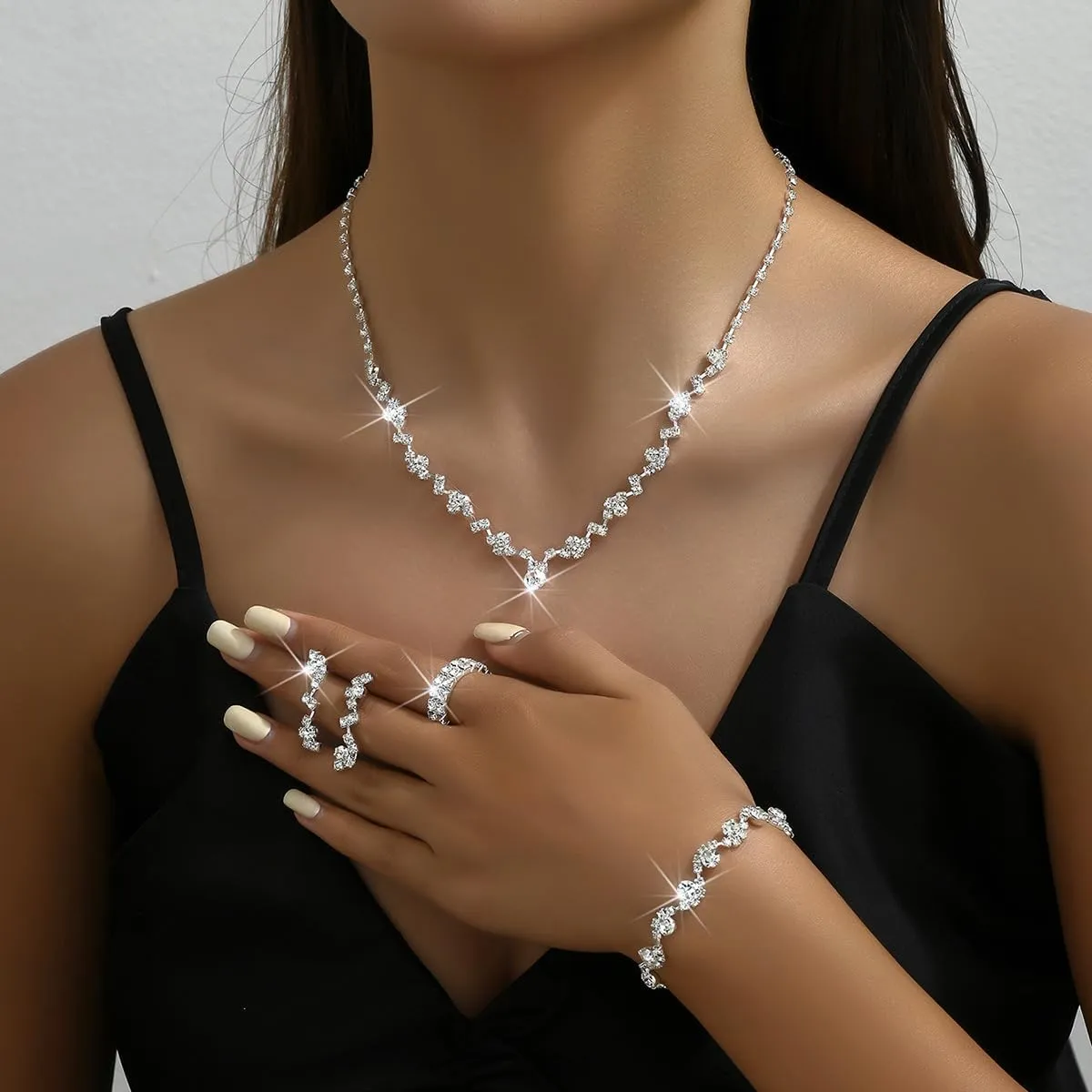 CSIYANJRY99 Prom Jewelry Sets Gold Silver Crystal Earrings Necklace Bracelet Ring Set Rhinestone Bride Wedding Party Prom Jewelry