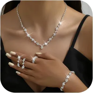 CSIYANJRY99 Prom Jewelry Sets Gold Silver Crystal Earrings Necklace Bracelet Ring Set Rhinestone Bride Wedding Party Prom Jewelry