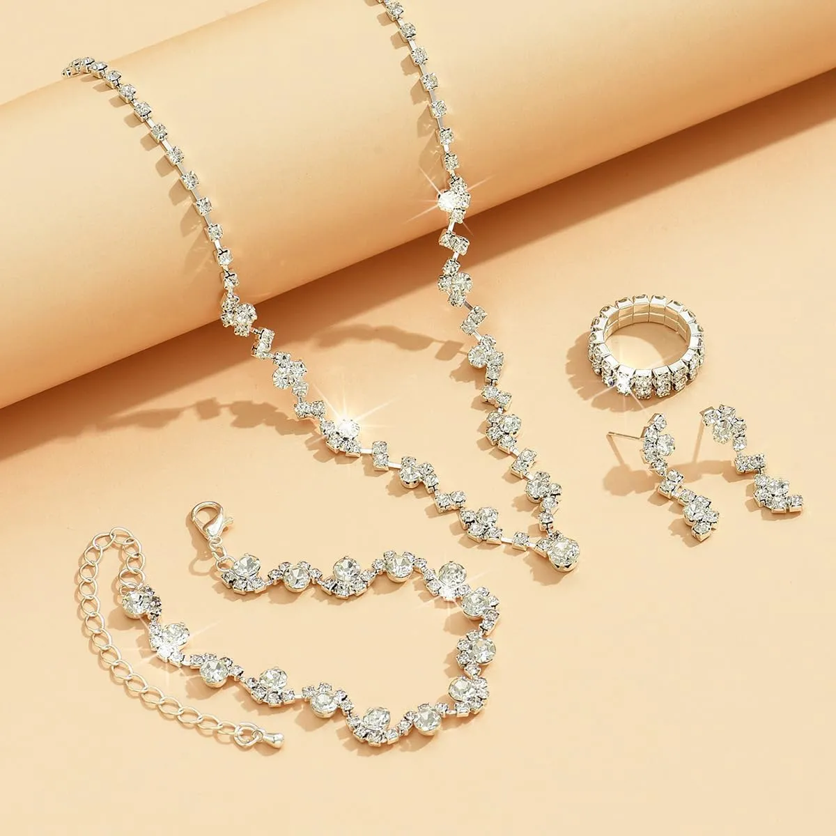 CSIYANJRY99 Prom Jewelry Sets Gold Silver Crystal Earrings Necklace Bracelet Ring Set Rhinestone Bride Wedding Party Prom Jewelry