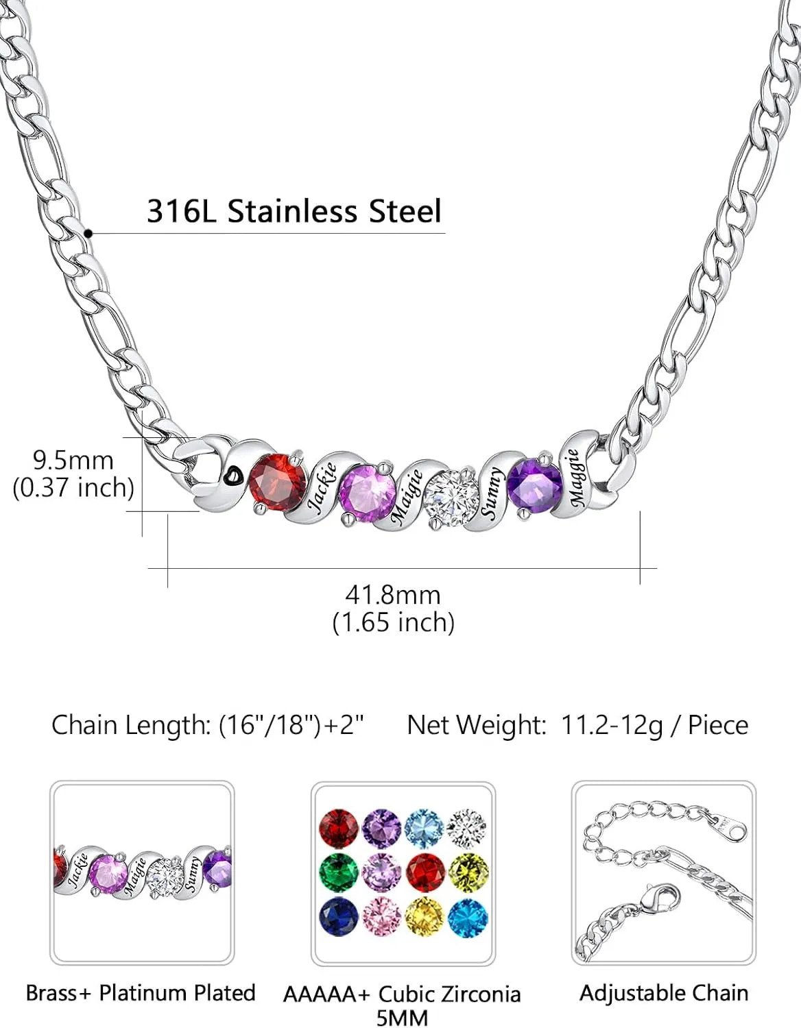 Custom4U Personalized Birthstone Necklaces for Women 1-5 Gemstone with Names Engraved Silver/Gold Plated Pedants Sparkly Cubic Zirconia Charm Birthday Mothers Day Jewelry Gifts for Mom Wife Grandma