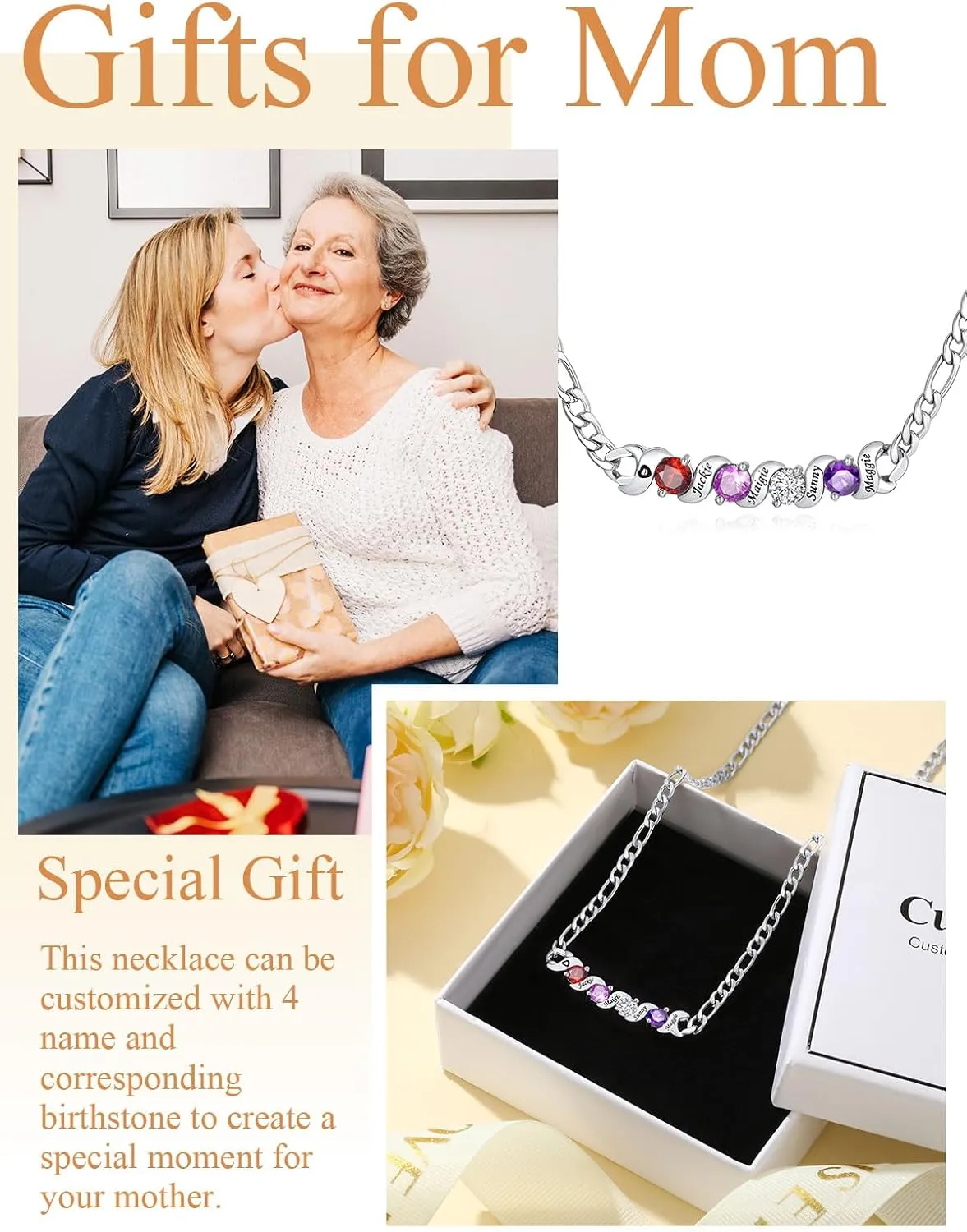 Custom4U Personalized Birthstone Necklaces for Women 1-5 Gemstone with Names Engraved Silver/Gold Plated Pedants Sparkly Cubic Zirconia Charm Birthday Mothers Day Jewelry Gifts for Mom Wife Grandma