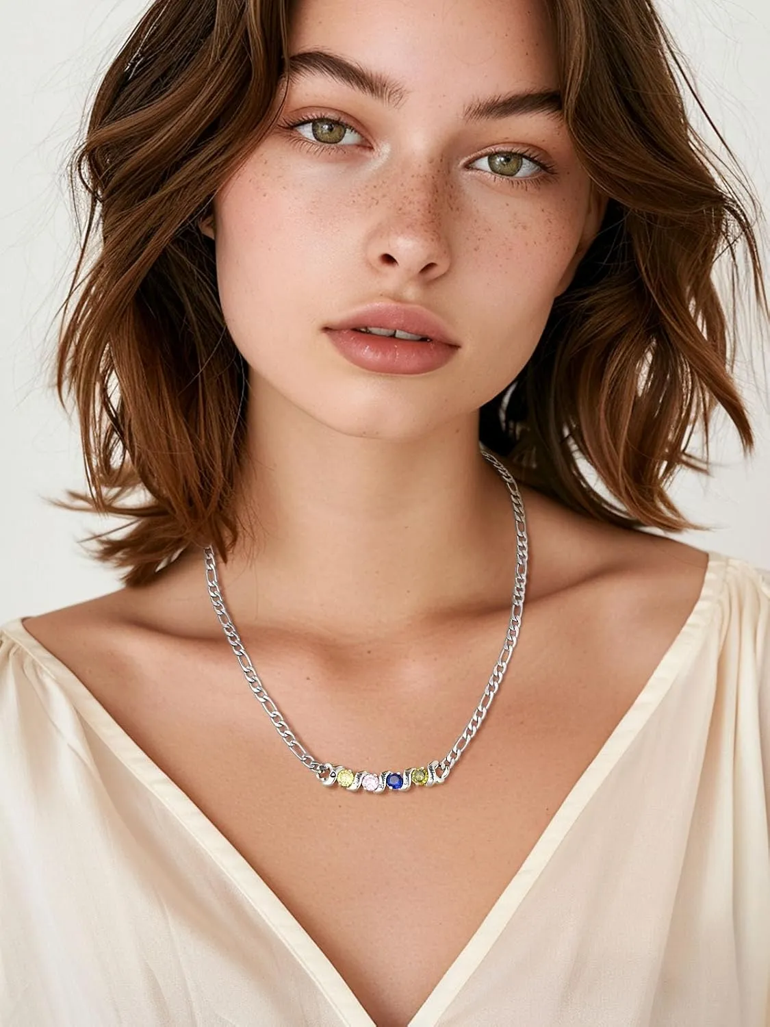 Custom4U Personalized Birthstone Necklaces for Women 1-5 Gemstone with Names Engraved Silver/Gold Plated Pedants Sparkly Cubic Zirconia Charm Birthday Mothers Day Jewelry Gifts for Mom Wife Grandma
