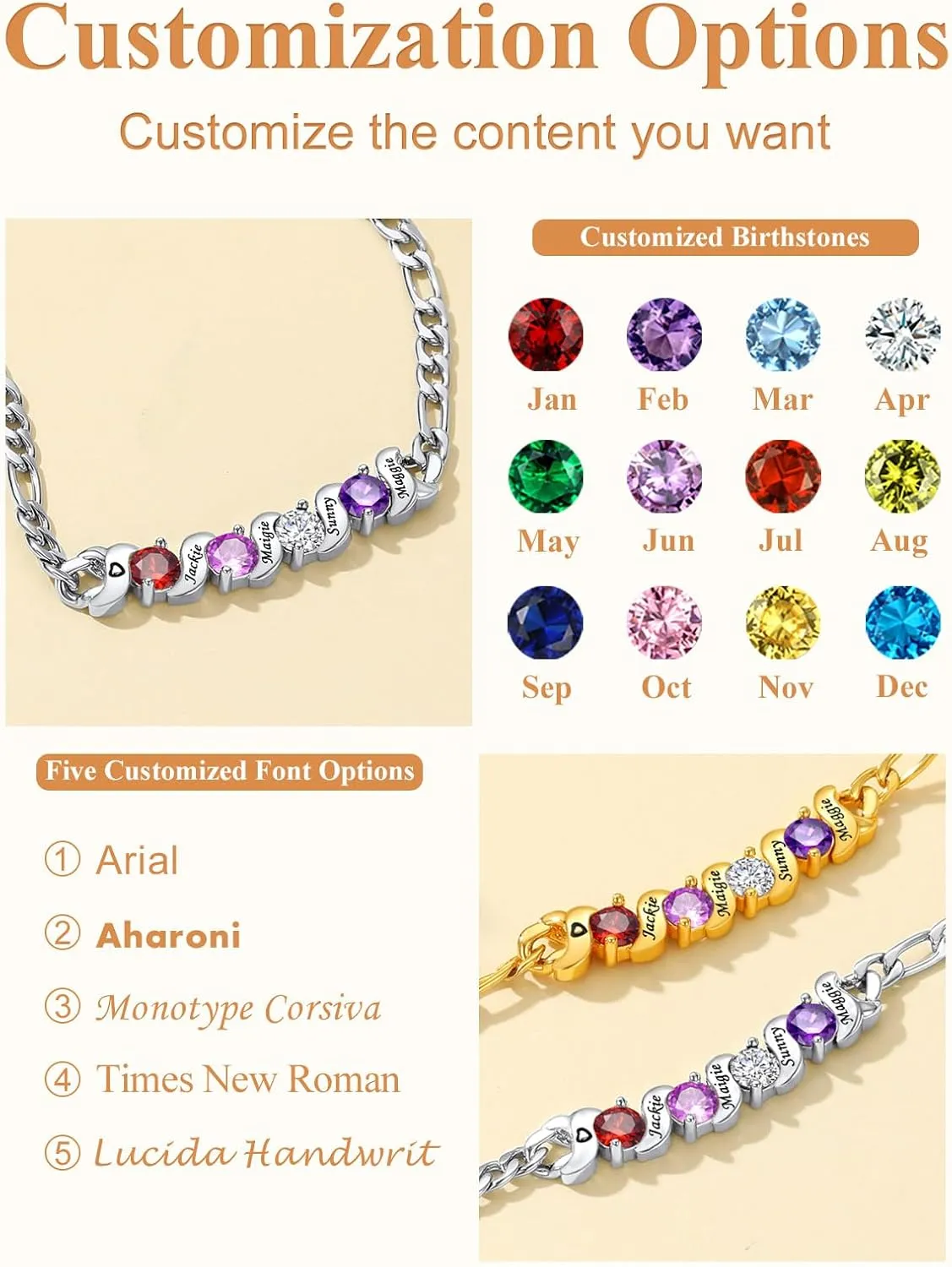 Custom4U Personalized Birthstone Necklaces for Women 1-5 Gemstone with Names Engraved Silver/Gold Plated Pedants Sparkly Cubic Zirconia Charm Birthday Mothers Day Jewelry Gifts for Mom Wife Grandma