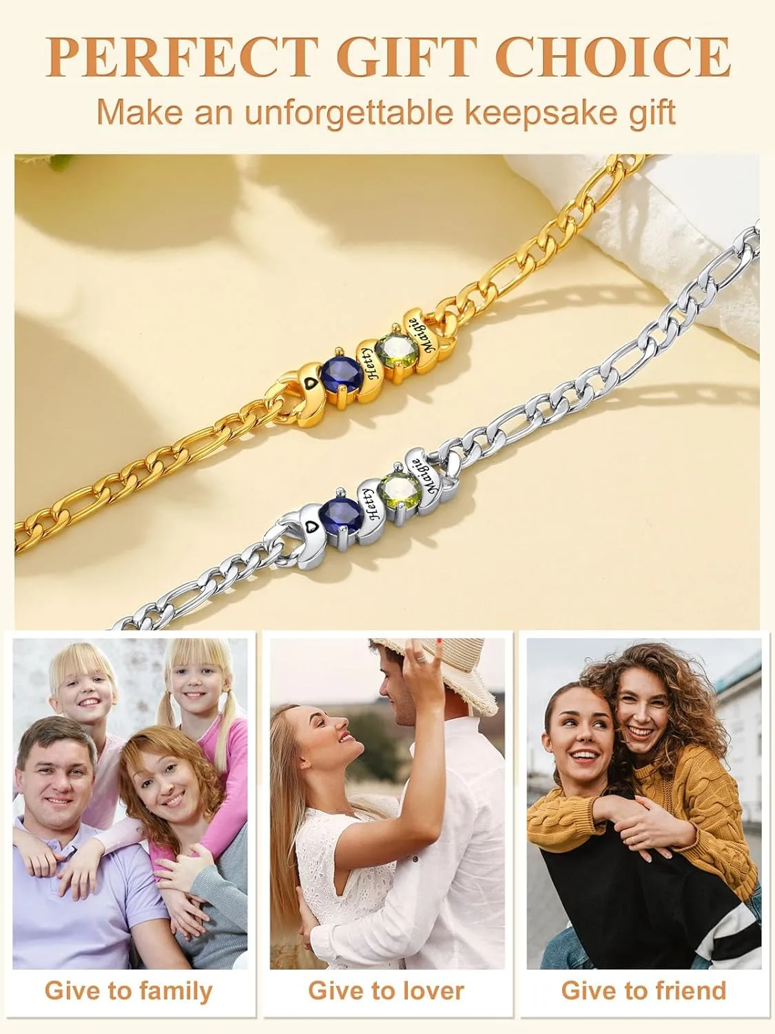 Custom4U Personalized Birthstone Necklaces for Women 1-5 Gemstone with Names Engraved Silver/Gold Plated Pedants Sparkly Cubic Zirconia Charm Birthday Mothers Day Jewelry Gifts for Mom Wife Grandma