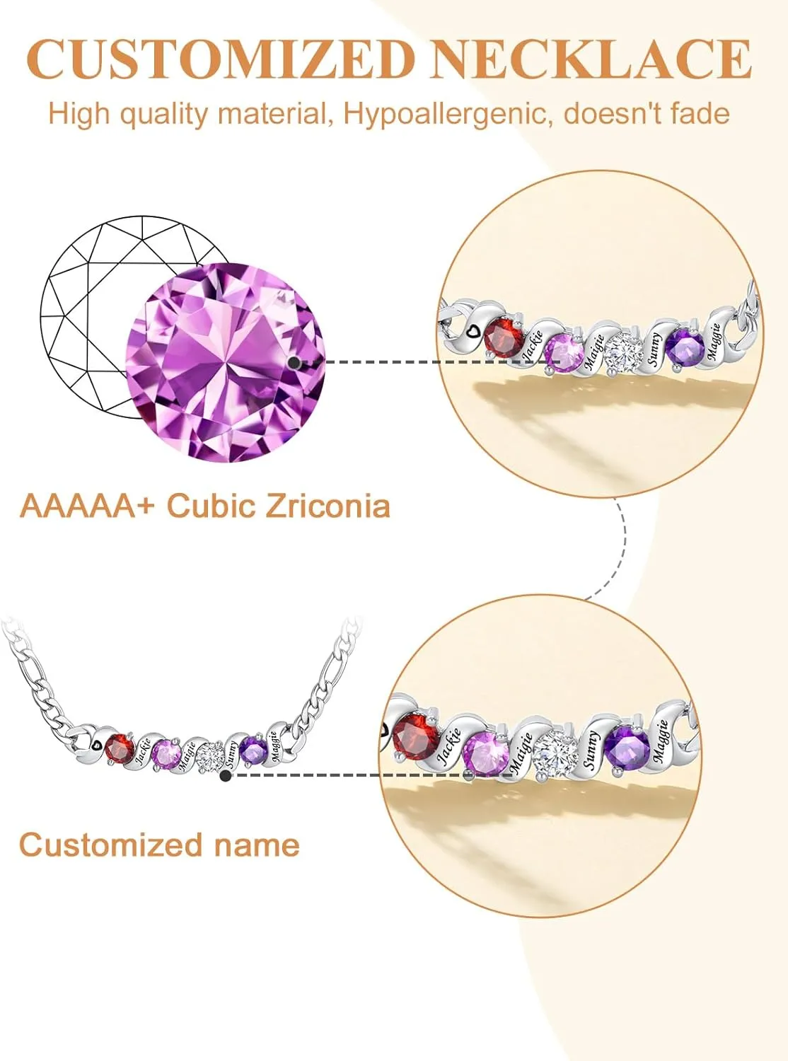 Custom4U Personalized Birthstone Necklaces for Women 1-5 Gemstone with Names Engraved Silver/Gold Plated Pedants Sparkly Cubic Zirconia Charm Birthday Mothers Day Jewelry Gifts for Mom Wife Grandma