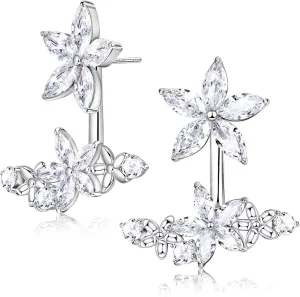 CZ Flower Earrings For Women Sterling Silver Stud Earrings Minimalist Front Back Stud Earrings White Gold Plated Cubic Zirconia Flower Stud Earrings Jacket