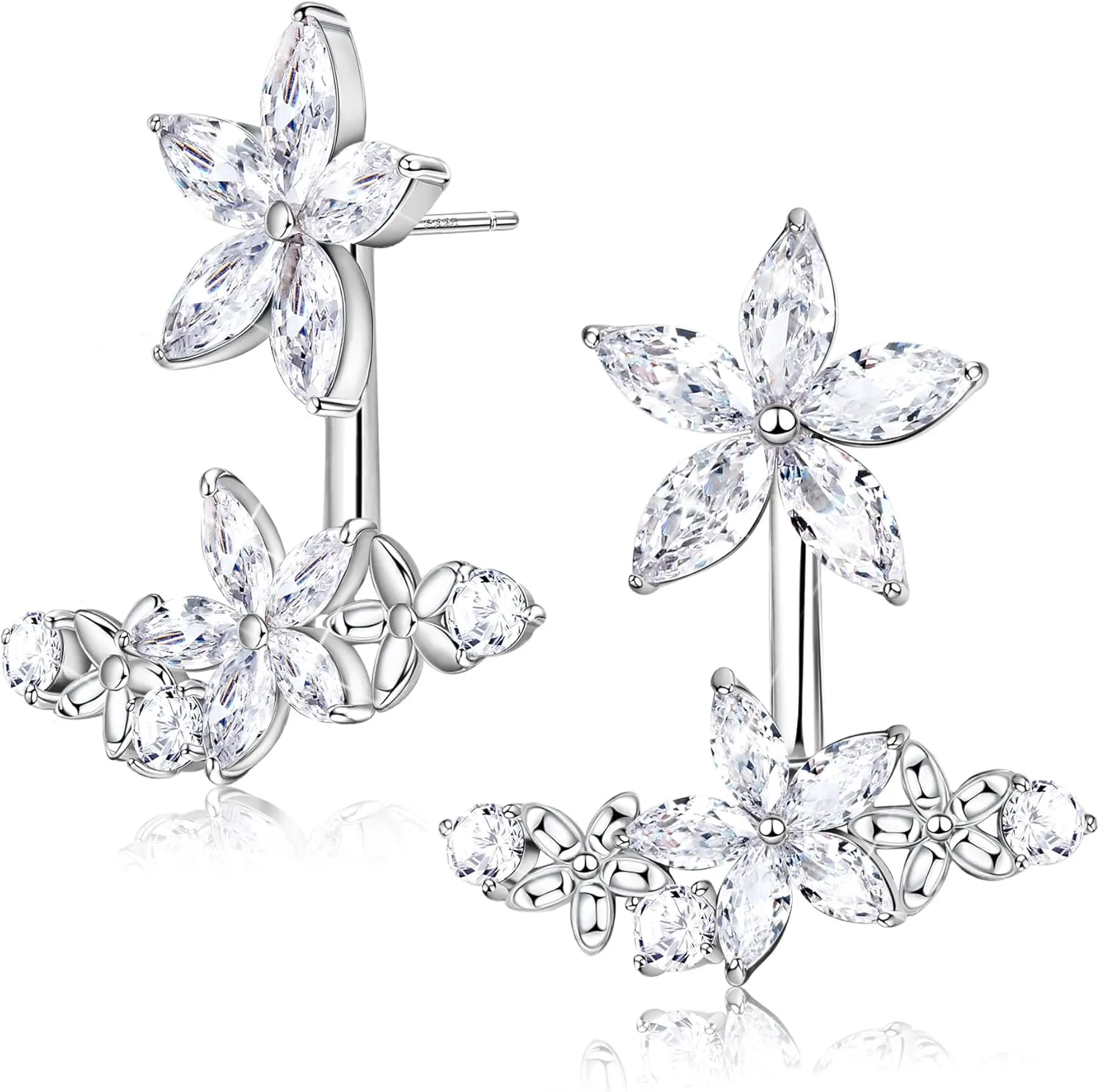 CZ Flower Earrings For Women Sterling Silver Stud Earrings Minimalist Front Back Stud Earrings White Gold Plated Cubic Zirconia Flower Stud Earrings Jacket