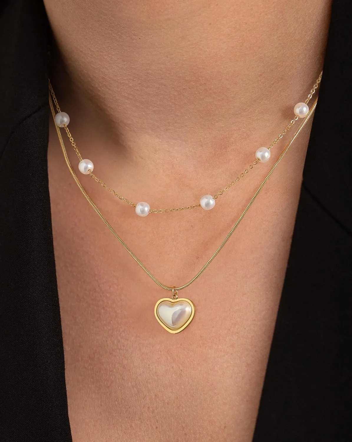 Dainty Gold Layered Pendant Necklace for Women 14k Real Gold Plated Hypoallergenic Pearl Stainless Steel Stacked Necklace for Women
