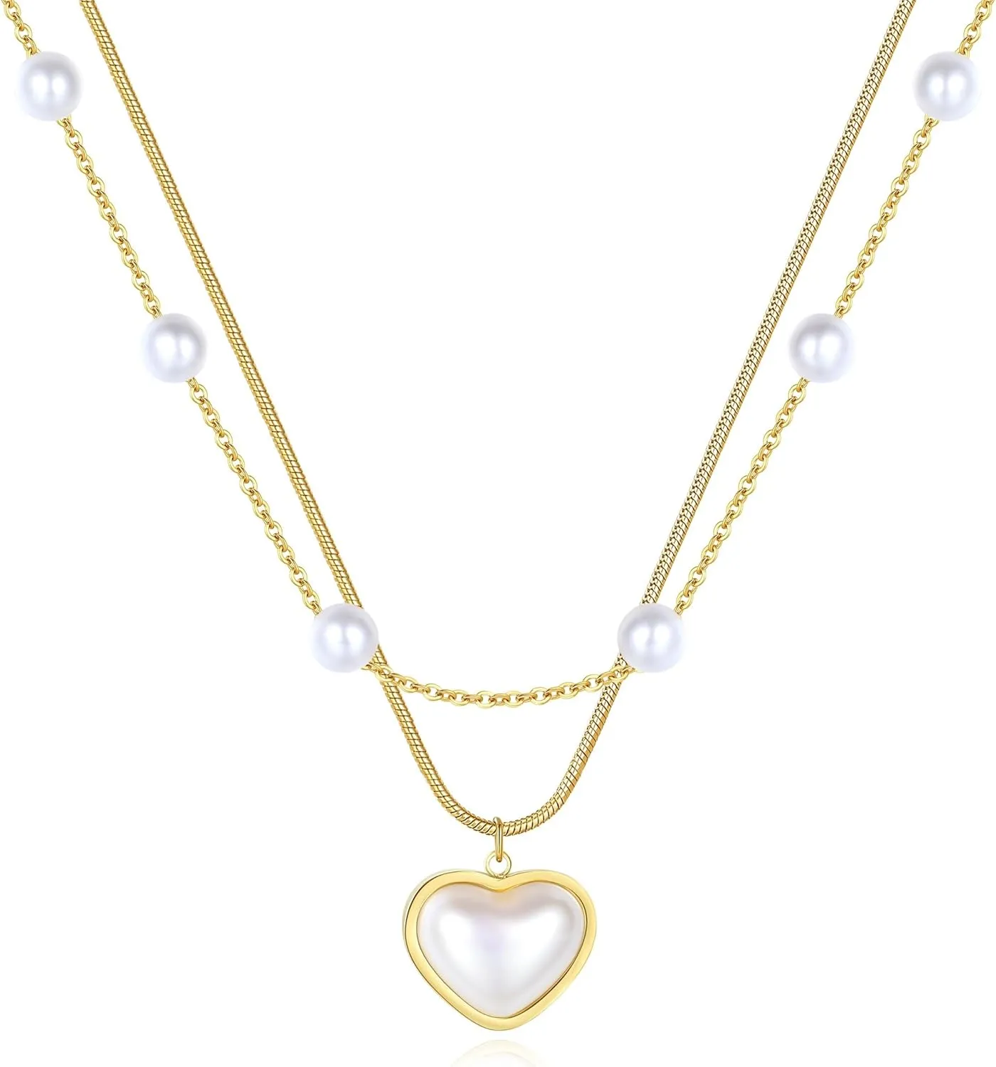 Dainty Gold Layered Pendant Necklace for Women 14k Real Gold Plated Hypoallergenic Pearl Stainless Steel Stacked Necklace for Women