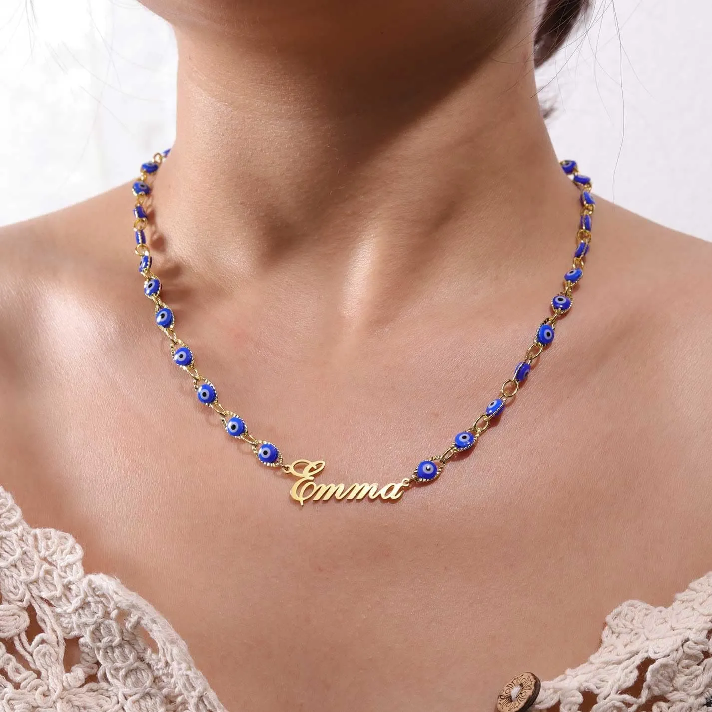 DayOfShe Personalized Layered Evil Eye Necklace 18K Real Gold Plated Third Eye Choker Necklace with Name Christmas Jewelry Gift for Women