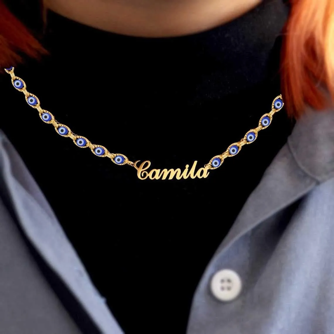 DayOfShe Personalized Layered Evil Eye Necklace 18K Real Gold Plated Third Eye Choker Necklace with Name Christmas Jewelry Gift for Women