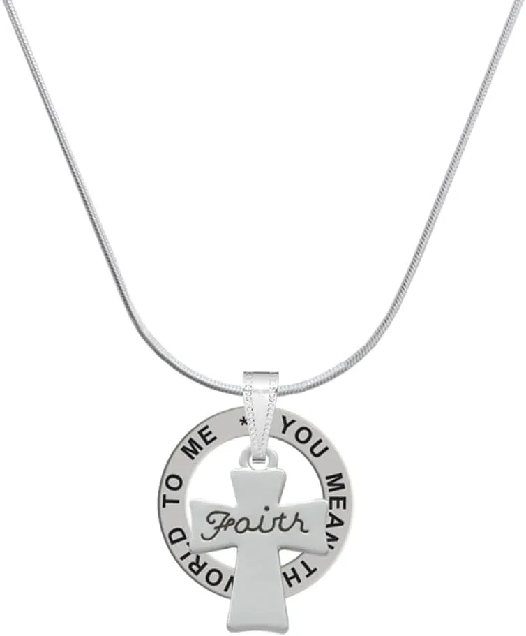 Delight Jewelry Silvertone Faith Flat Cross Silver-tone You Mean the World to Me Ring Necklace, 18"