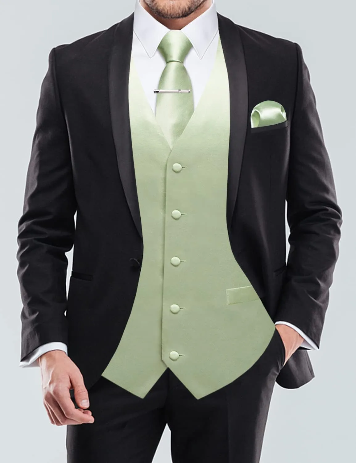 DiBanGu Men's Satin Suit Vest & Tie Set 5PCS Solid Color Dress Waistcoat for Suit or Tuxedo Wedding Party