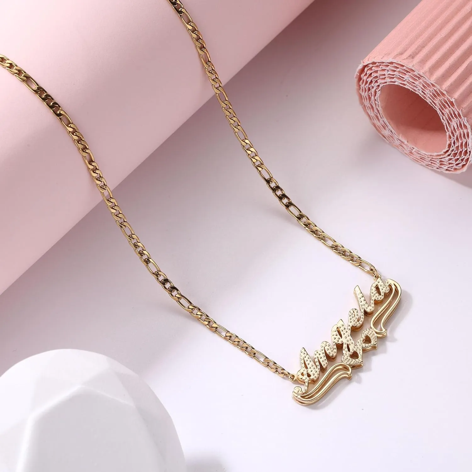 Double Plated Custom Name Necklace Personalized 18K Gold Plated Double Layered Nameplate Pendant Custom Jewelry Gift for Women/Mother/Girlfriend/Wife