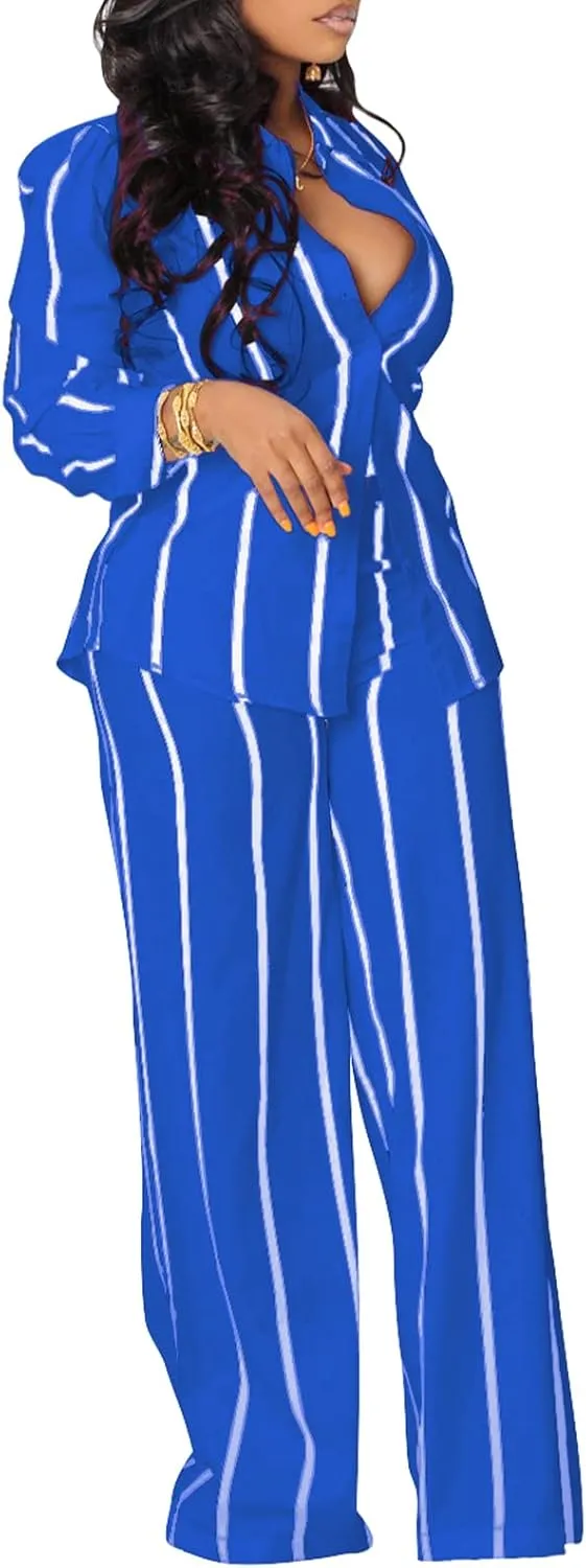Elainone Women's 2 Piece Outfits Stripe Long Sleeve Button Down Shirt Wide Leg Long Pants with Pockets
