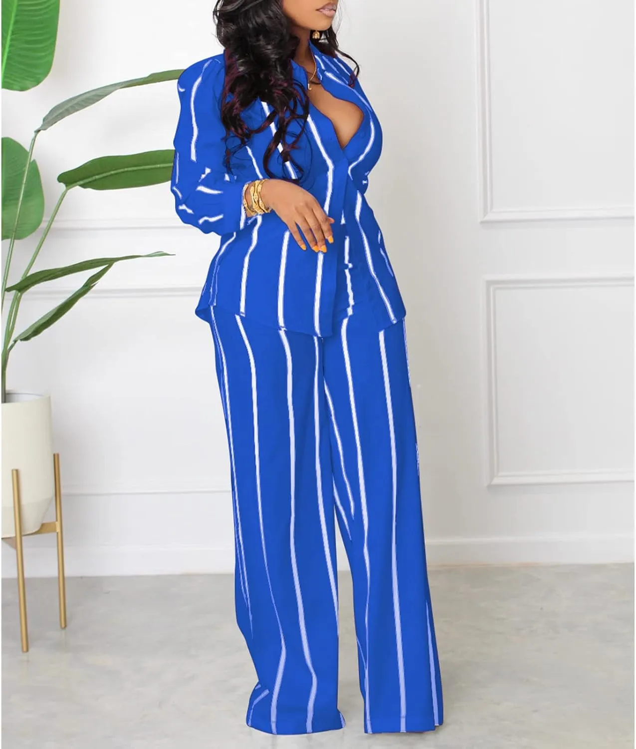 Elainone Women's 2 Piece Outfits Stripe Long Sleeve Button Down Shirt Wide Leg Long Pants with Pockets