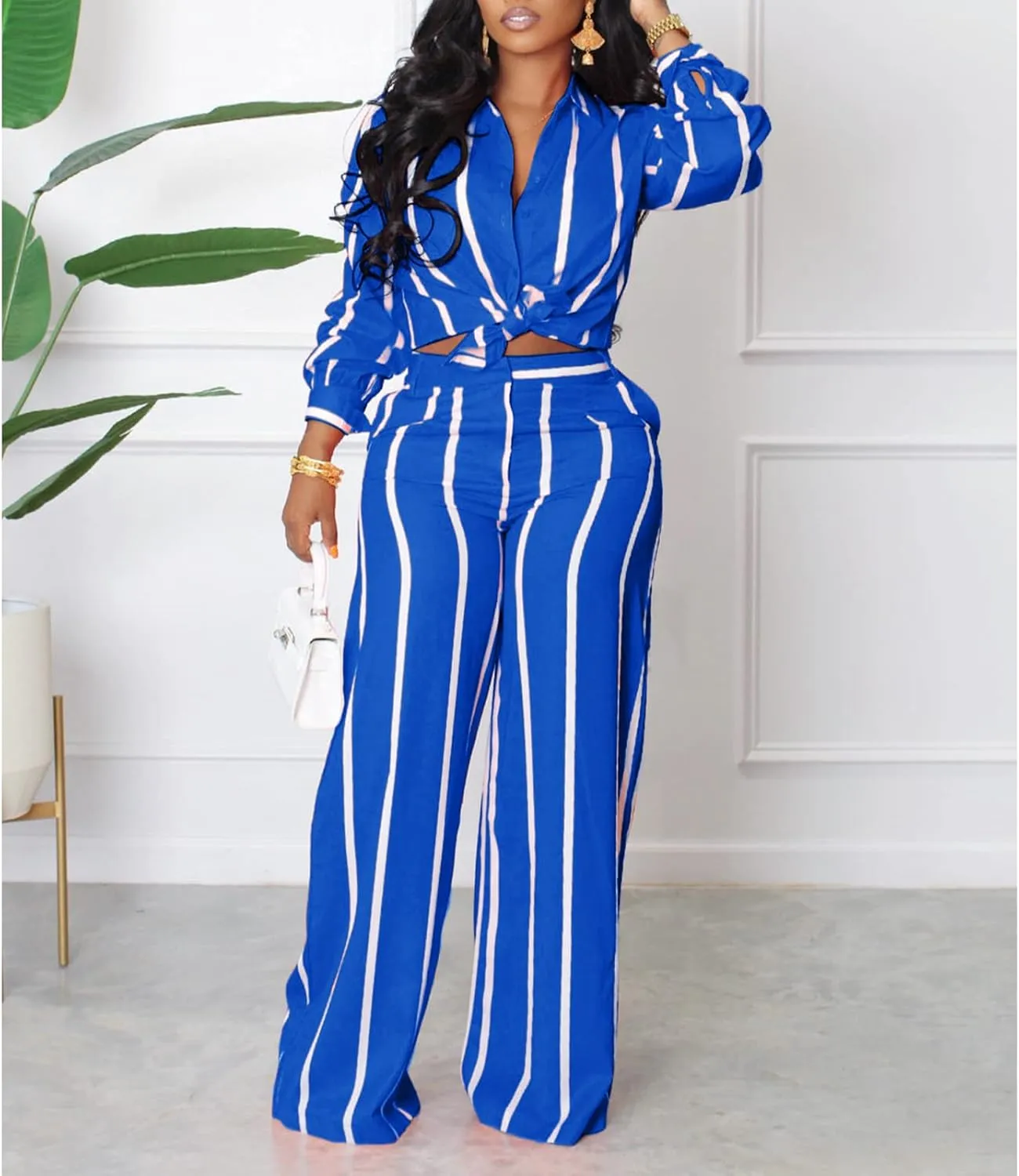 Elainone Women's 2 Piece Outfits Stripe Long Sleeve Button Down Shirt Wide Leg Long Pants with Pockets