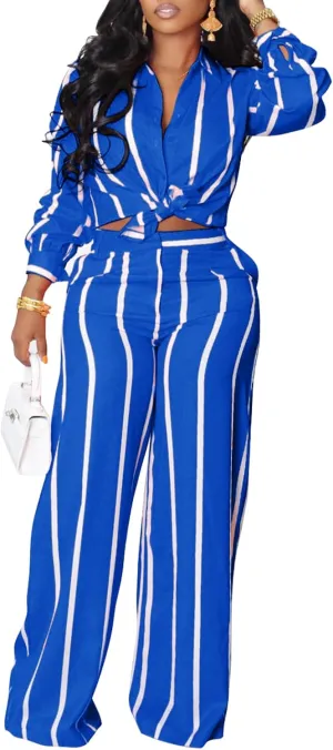 Elainone Women's 2 Piece Outfits Stripe Long Sleeve Button Down Shirt Wide Leg Long Pants with Pockets