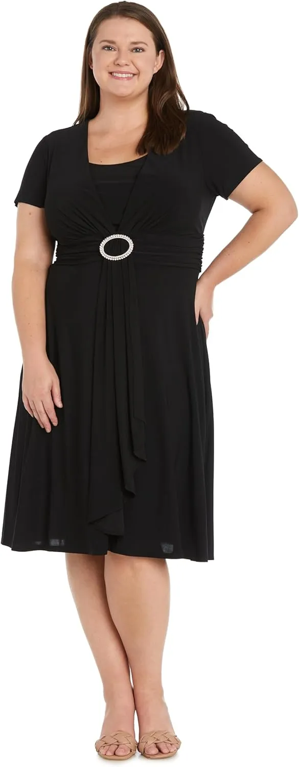 Elegant Cascade Wrap Midi Dress W/Rhinestone Buckle & Short Sleeves