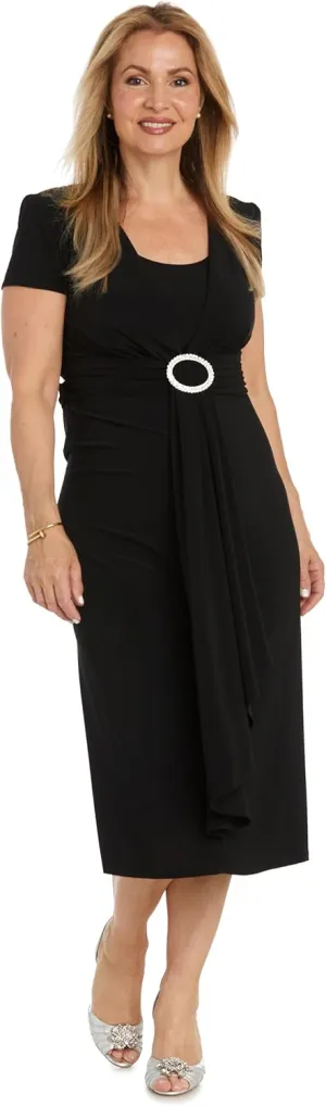 Elegant Cascade Wrap Midi Dress W/Rhinestone Buckle & Short Sleeves