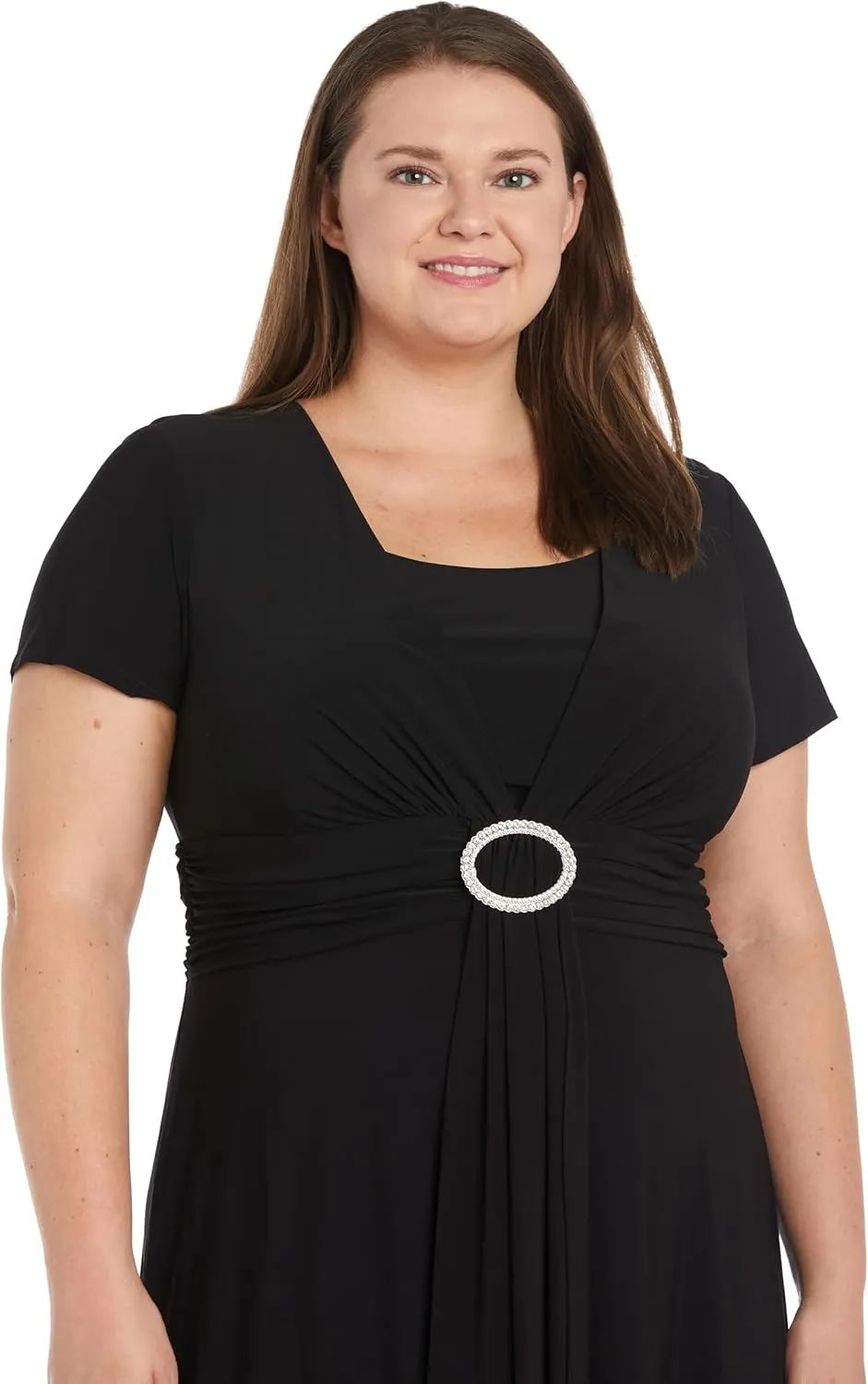 Elegant Cascade Wrap Midi Dress W/Rhinestone Buckle & Short Sleeves