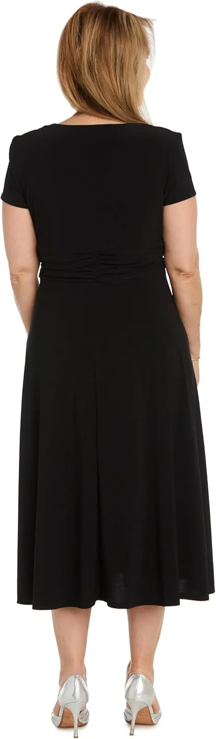 Elegant Cascade Wrap Midi Dress W/Rhinestone Buckle & Short Sleeves