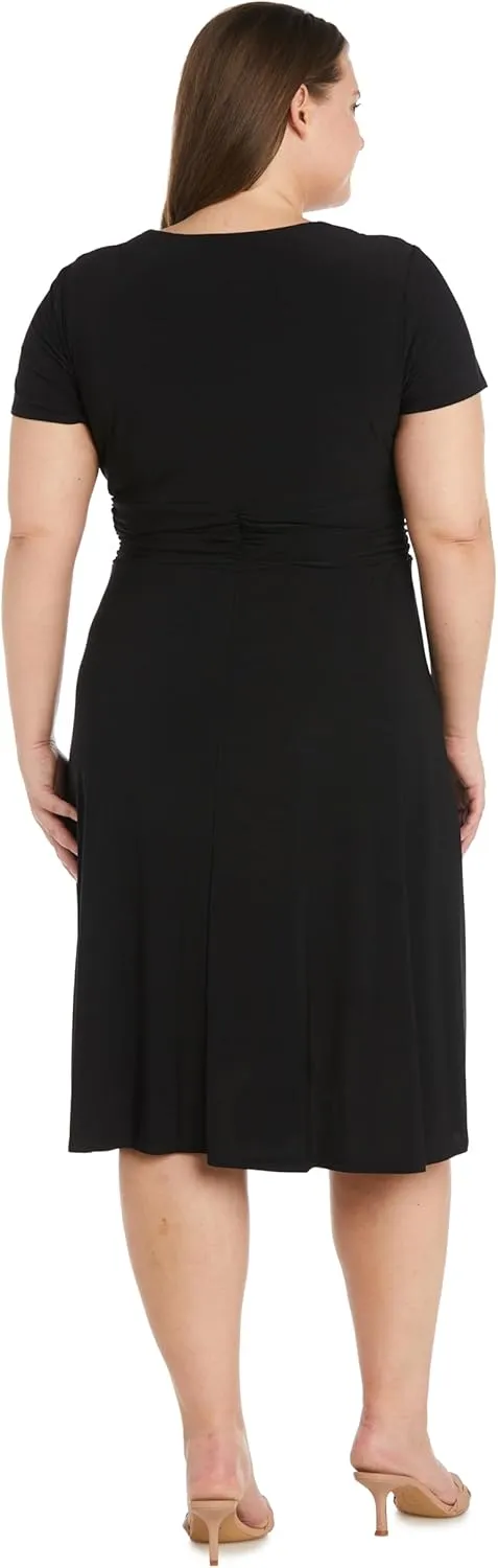 Elegant Cascade Wrap Midi Dress W/Rhinestone Buckle & Short Sleeves