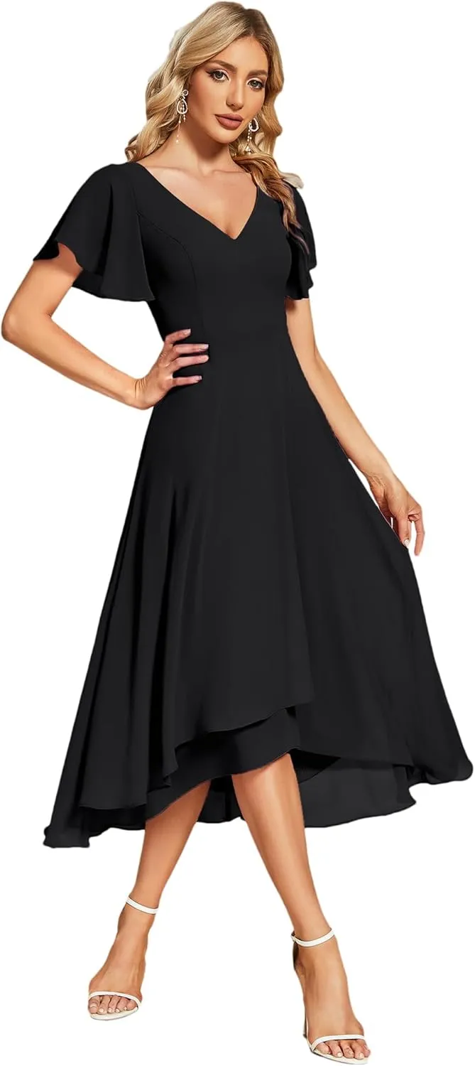Ever-Pretty Women's V Neck Ruffle Sleeves Irregular Chiffon A-Line Midi Wedding Guest Dresses 01756