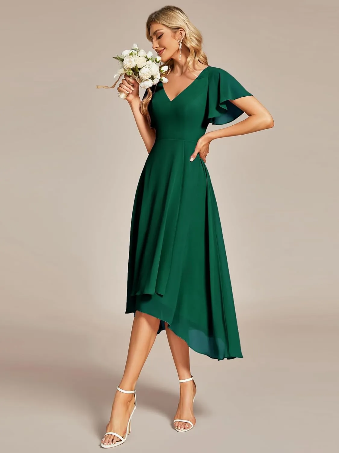 Ever-Pretty Women's V Neck Ruffle Sleeves Irregular Chiffon A-Line Midi Wedding Guest Dresses 01756