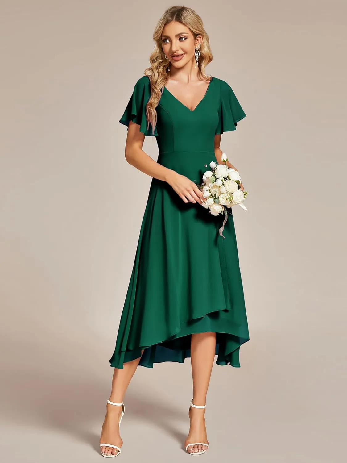 Ever-Pretty Women's V Neck Ruffle Sleeves Irregular Chiffon A-Line Midi Wedding Guest Dresses 01756